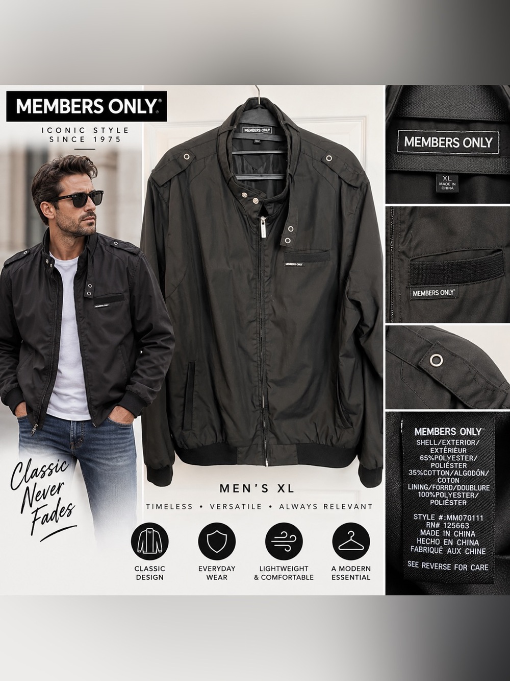 Members Only Men’s XL Black Lightweight Moto Racer Jacket Full Zip
